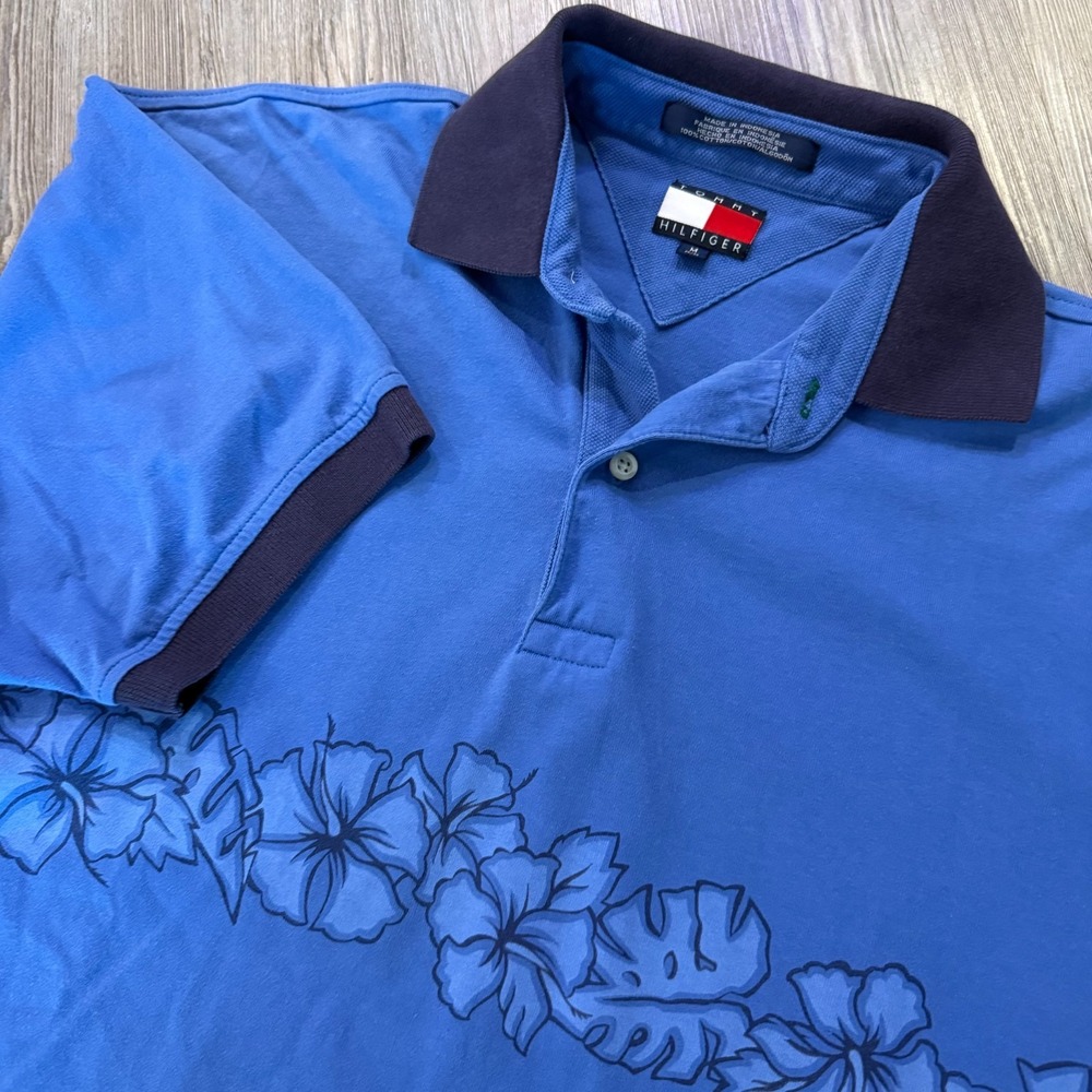 Tommy Hilfiger Mens Medium Vintage Y2K Floral Pattern Hawaiian Polo Shirt
